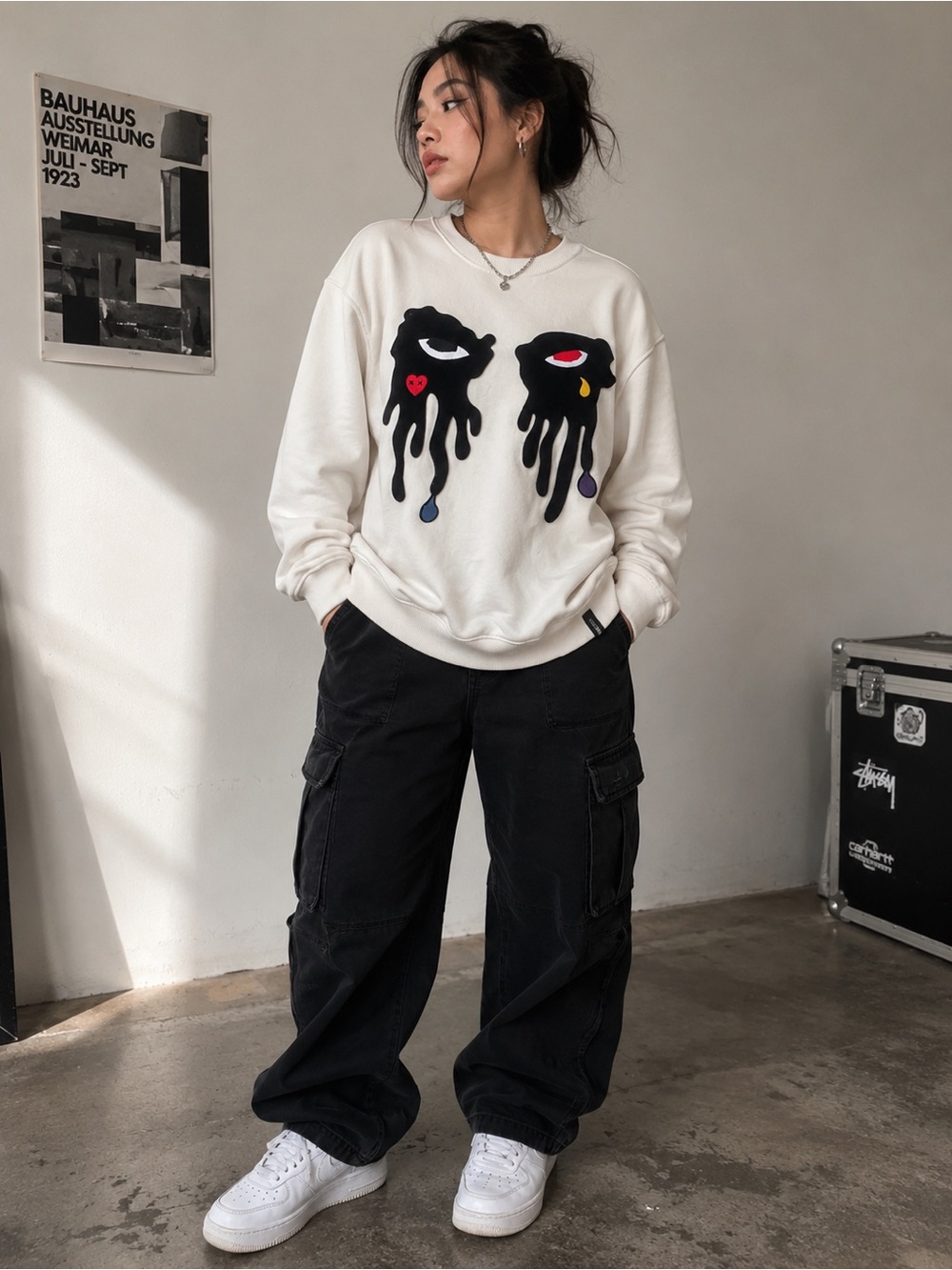 ROKU STUDIO Melting Eyes Embroidered Sweatshirt M Y2K Streetwear - Picture 10 of 10